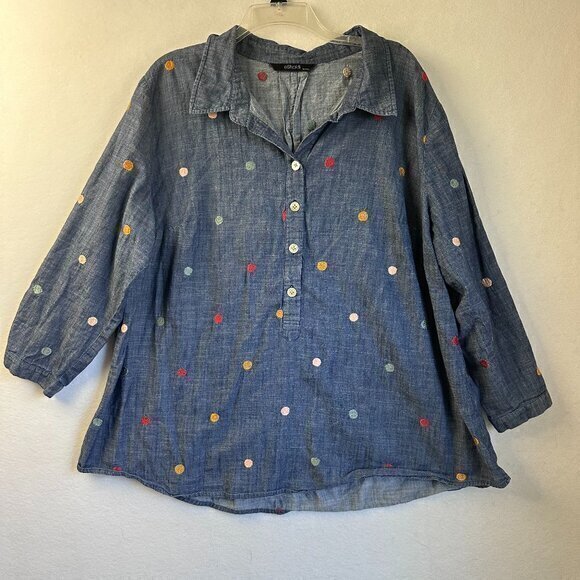 Eshakti‎ top women 3X 24W denim chambray embroidered polka dots tunic - Picture 1 of 8